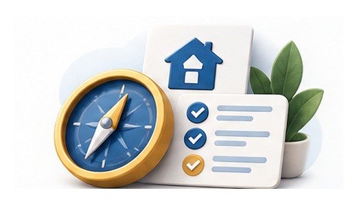 Illustration of a compass, accessible home and checklist for accessibility and aging-life professionals