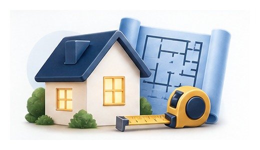 Illustration of a home, floor plan and measuring tools for CAPS specialists and remodelers