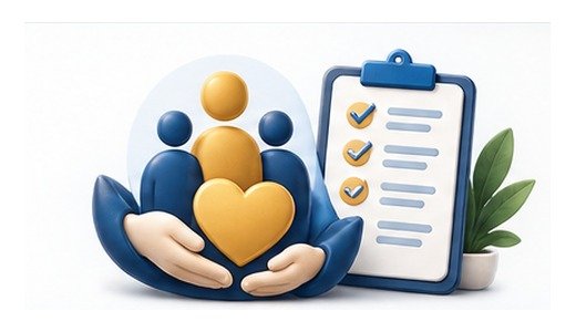Illustration of people supported by hands and a care-plan checklist for care managers and senior-care consultants