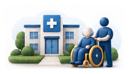 Illustration of a care facility and an older adult with a care professional for home-care and senior-living organizations