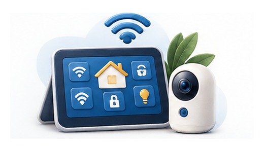 Illustration of a smart-home control panel, camera and connected devices for technology integrators